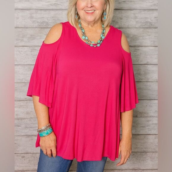 Chico’s Cold Shoulder Flare Swing Rayon Spandex Knit Pink Top 3 L/ 16-18 - Picture 1 of 4